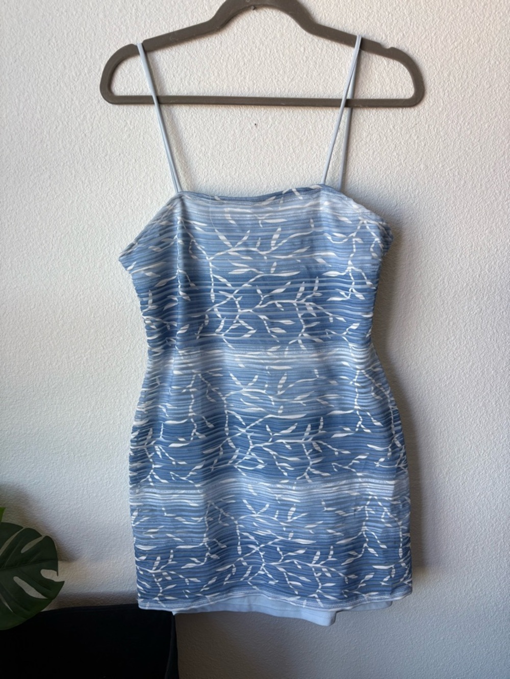 Light Blue Printed Spaghetti-Strap Mini Dress